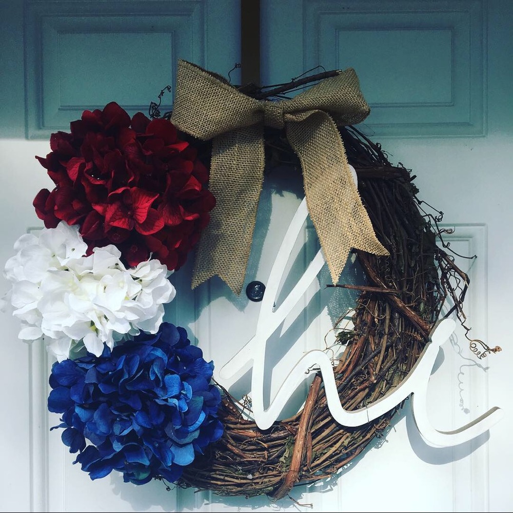 Red white and blue hydrangea wreath